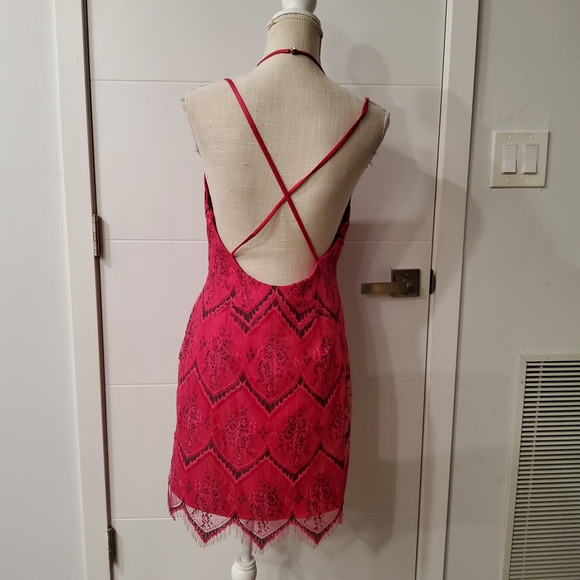 Free People Nothing Like This Hot Pink Lace Overlay Mini Dress Size 10 - Picture 7 of 14